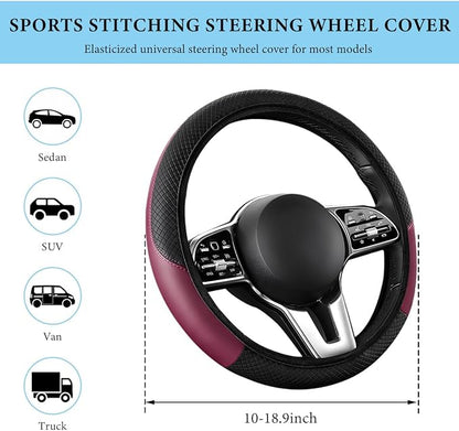 Car Steering Wheel Cover, 15 Inch Anti-Slip Stretch Leather Steering Wheel Protector, Comfortable Breathable Sporty Steering Wheel Cover for Women Men, Car Accessories (Wine Red, AD)
