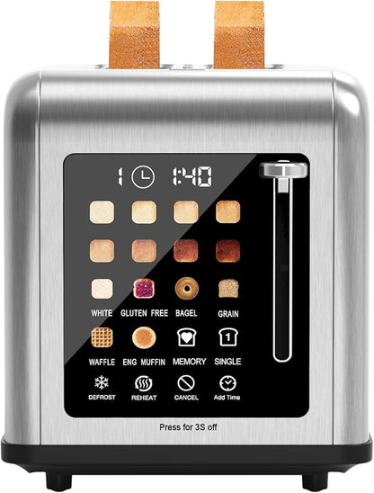 2 Slice Toaster Touch Screen, Stainless Steel Toasters Digital Timer 2 Slot