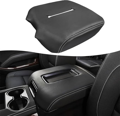 Center Console Cover Replacement for Chevy Silverado & GMC Sierra 1500 2500 3500 2014-2018, Vinyl Leather Upholstery, Anti-Scratch, Black-Gray Stitch (Fits Bucket Seat Console Only)