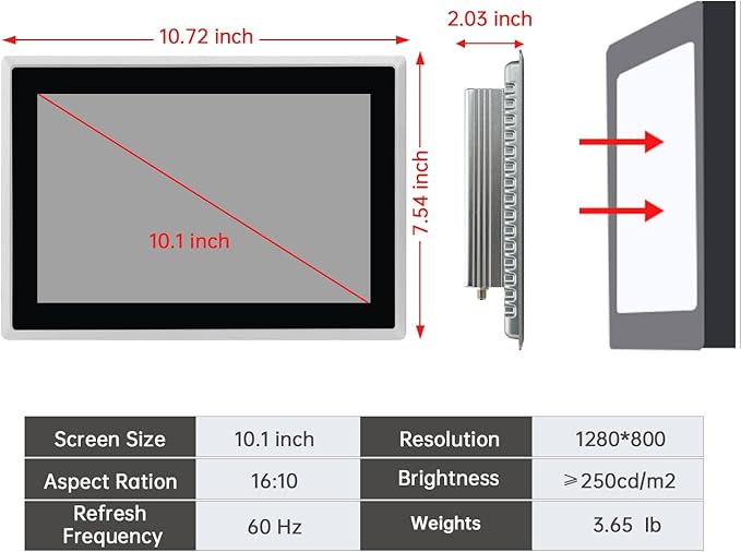 10.1-Inch Industrial Embedded Panel PC, Ratio 16:10 Multi-Touchscreen-Monitor