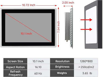 10.1-Inch Industrial Embedded Panel PC, Ratio 16:10 Multi-Touchscreen-Monitor