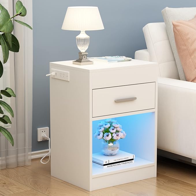 Auromie Nightstand with Charging Station and LED Lights, Concealment Furniture