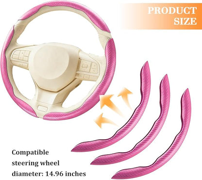 3PCS Carbon Fiber Car Steering Wheel Cover, Leather Segmented Anti-Skid Steering Wheel Protector, Snap on Automotive Interior Protection Accessories, Universal for Vehicles (Pink)