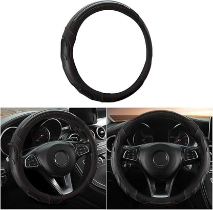 Leather Steering Wheel Cover, Auto Car Stretch Steering Wheel Protector, Universal 15 Inch Anti-Slip Breathable Odorless Steering Wheel Cover for Men Women (Black)