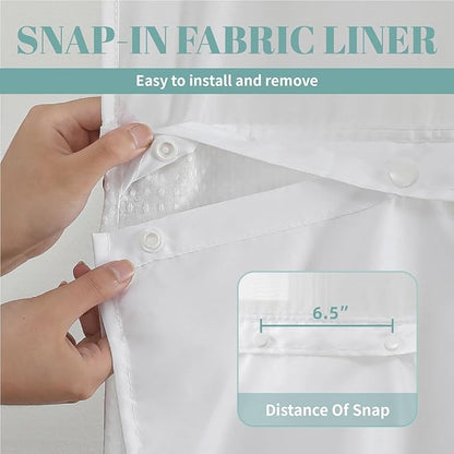eachope White No Hook Waffle Weave Shower Curtain with snap-in Liner Replacement, 230GSM Waterproof Fabric Hotel Shower Curtain Set for Bathroom, Through Mesh Top Window,71Wx92H