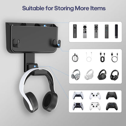 Adhesive Remote Control Holder Wall Mount with Headset Hanger, 3 in 1 Organizer TV/Fan Remote Caddy with Hook for Headphone, No Drill Controller Storage Bracket, Bed Wall Rack for Multiple Remote
