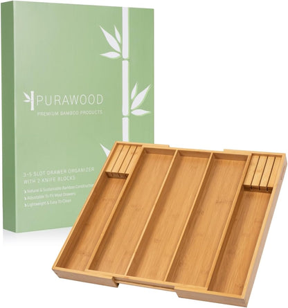 Purawood Kitchen Drawer Organizer with Knife Blocks - Utensil Drawer Organizer for Kitchen, Cutlery Tray & Silverware Organizer, 3-5 Slots - Bamboo Organizer for Utensils & Flatware (Natural)