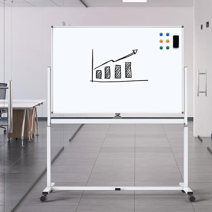 White Board on Wheels, 48 x 32 Inches Height-Adjustable Large Rolling Whiteboard