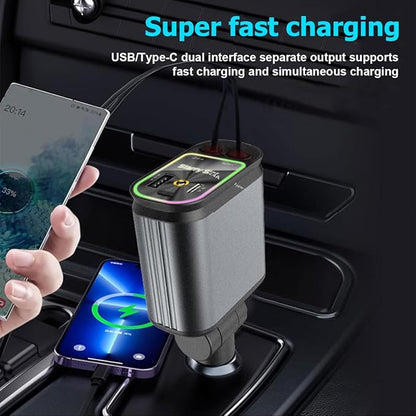 Car Charger with Starrylight, 4 in 1 Retractable Type C USB Ports 120W Fast Charging Adapter for Phones, Tablets, Multifunctional Auto Accessories, Universal for Vehicles