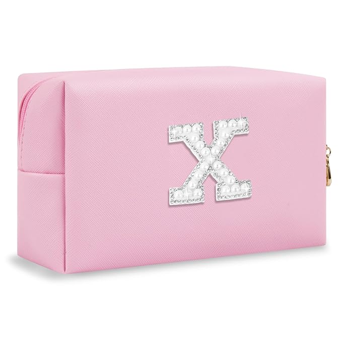 ChaoGreat Bride Gifts – Personalized Initial Makeup Bag with Pearl Rhinestone Patch, Preppy Pink Monogram Cosmetic/Toiletry Pouch, bridesmaid Gifts, Bridal Shower Gifts, Wedding Gifts, Bridal Gifts,X