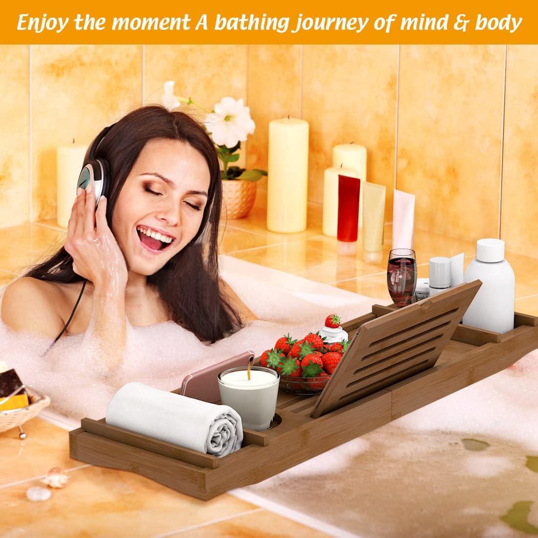 Bamboo Bathtub Tray for Luxury Bathroom, Expandable Premium Bath Tray with Soap Towel Book Holder, Luxury Spa Wooden Bath Table for Reading Laptop Over The Clawfoot Walnut