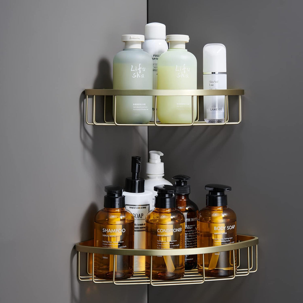 [2 Pack Bathroom Corner Shower Caddy Shelf Organizer, SUS304 Stainless Steel Heavy Duty Rust-Proof Shelf Holder, Wall Mounted Storage Rack for Bathroom Kitchen, Brushed Gold