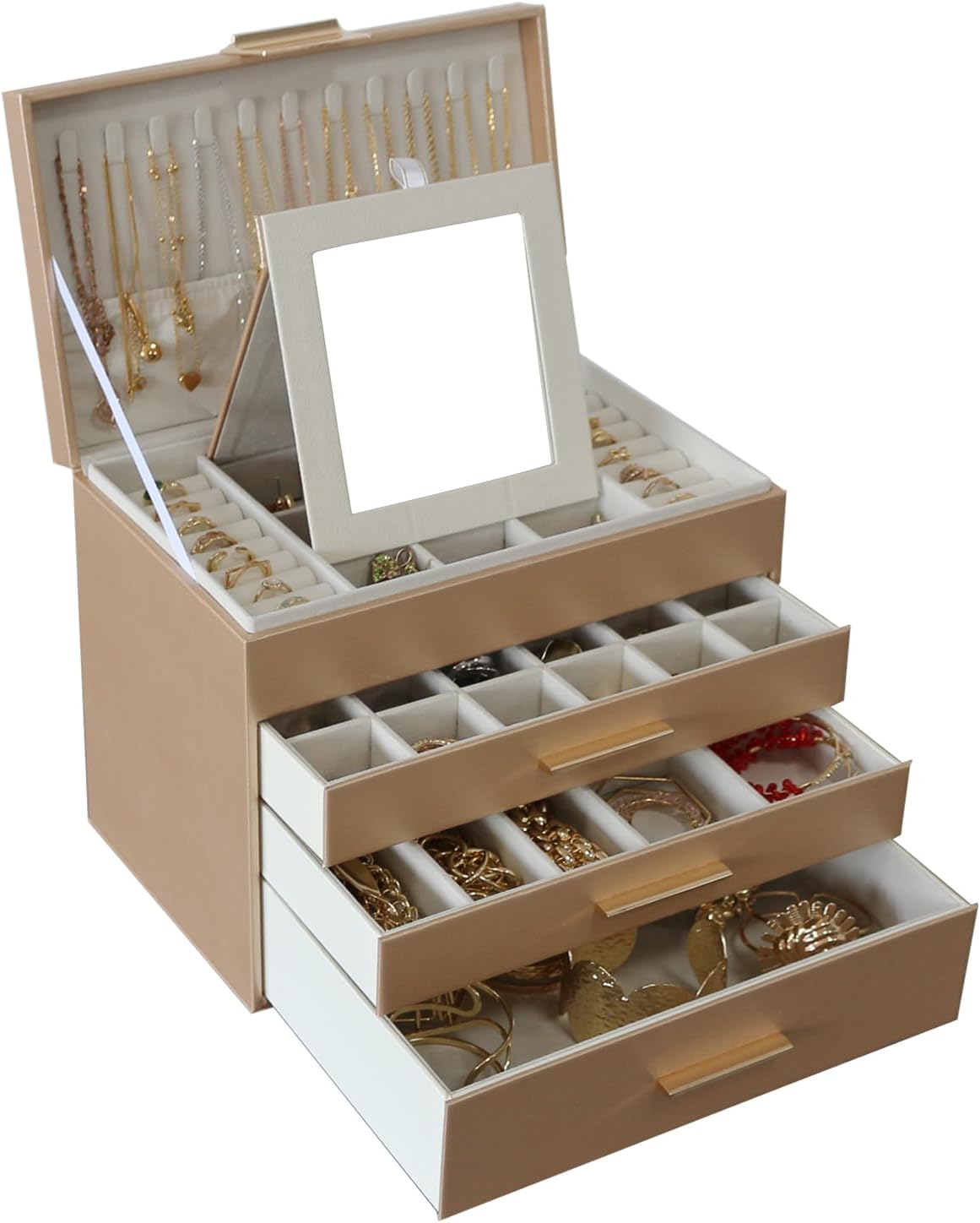 BOOVO Jewelry Boxes for Women, 5 Layer Jewelry Organizer with Necklace Hanger and Drawers, Large Jewelry Box for Earrings, Necklace and Bracelet Storage Gifts for Women and Girls (Gold, 5 Layer)