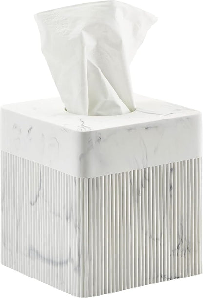 White Tissue Box Cover Square Resin Tissue Holder for Home Decor, Hand Poured Marble Ribbed Cube Tissue Box Holder – 5.5 Inch Heavy Duty Luxury Tissue Box Case for Bathroom, Living Room, Office