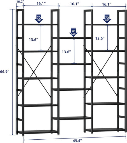 NUMENN Triple Column 5 Tier Bookshelf, Bookcase with 14 Open Display Shelves, Adjustable Rustic Industrial Style Book Shelves, Modern Bookshelves for Bedroom, Living Room and Home Office, Black