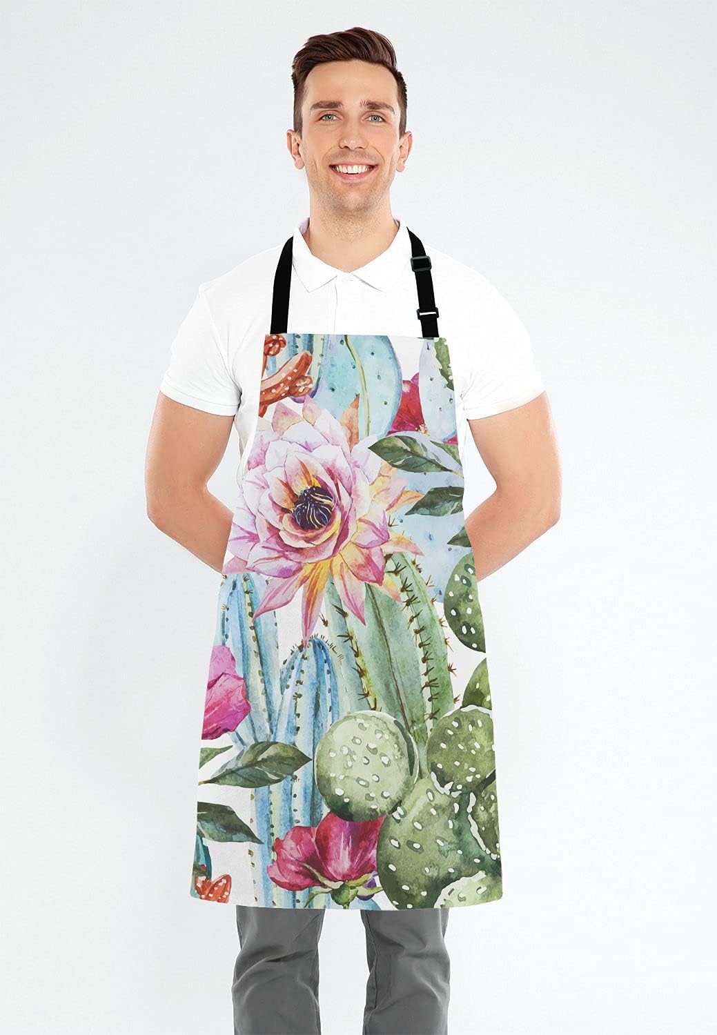 Cactus Kitchen Cooking BBQ Chef Apron, Watercolor With Flowers Roses and Cactus Apron for Men, Women - Dad Gifts, Gifts for Men - Birthday, Mothers Day Gifts for Mom
