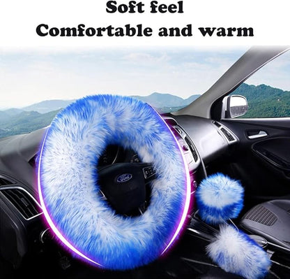 15inches Universal Leather Car Steering Wheel Cover Car Accessories Colorful Fuzzy Steering Wheel Cover Gear Shift Cover Handbrake Cover (Black)