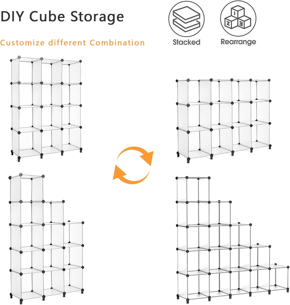 AWTATOS Cube Storage Organizer Storage 12 Cube Bookshelf DIY Plastic Closet Storage Shelves with Wooden Mallet, Ideal Storage Solution for Home, Bedroom, Translucent White
