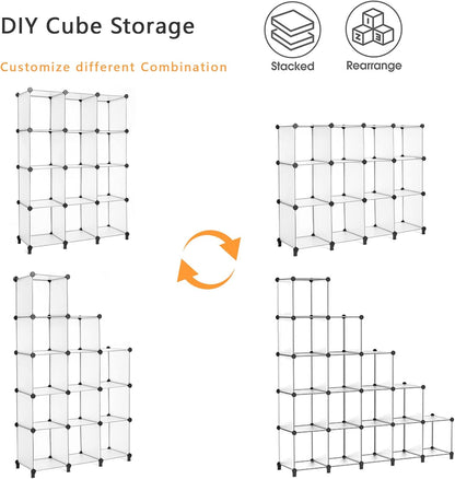AWTATOS Cube Storage Organizer Storage 12 Cube Bookshelf DIY Plastic Closet Storage Shelves with Wooden Mallet, Ideal Storage Solution for Home, Bedroom, Translucent White