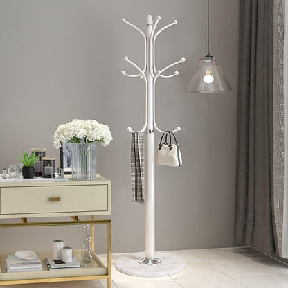 Kertnic Metal Coat Rack Stand with Natural Marble Base, Free Standing Hall Tree with 12 Hooks for Hanging Scarf, Bag, Jacket, Home Entry-way Hat Hanger Organizer (White)