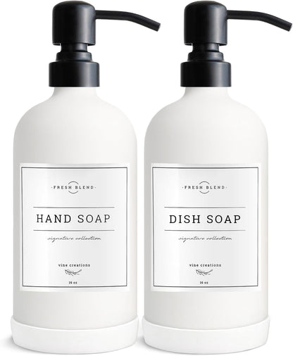 Vine Creations White Glass Soap Dispenser, 2 Pack Kitchen Soap Dispenser Set with Stainless Steel Pump, 16 oz Dish Soap and Hand Soap Dispensers for Bathroom with Waterproof Labels