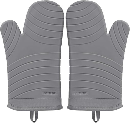 Beneno Heat Resistant Silicone Oven Mitts BPA-Free, Non-Slip Textured Grip & Quilted Cotton Lining, Waterproof Kitchen Mitt 2-Pack Set, 7"x13", Gray
