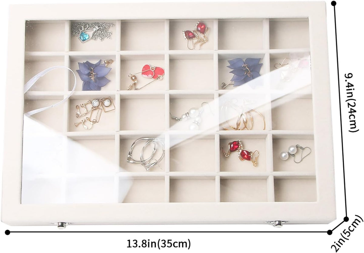 Stratalife Jewelry Organizer Jewelry Tray with Lid See-through Display Showcase Large Earring Organizer Velvet Storage Box for Earring Necklace Rings Dice Beige (24 Grids)