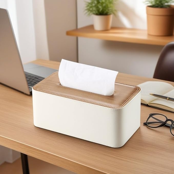 KINGFOM Tissue Box Cover, PU Leather Tissue Box Holder Rectangular, Modern Facial Tissue Paper Napkin Dispenser for Bathroom, Home, Office, Car Automotive Decoration with Magnetic Lid Light Beige