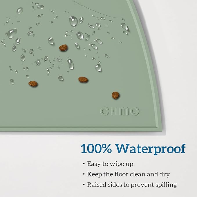 OHMO - Cat Food Mat, Silicone Pet Feeding Mat for Floor Non-Skid Waterproof Dog Water Bowl Tray, Easy to Clean Pet Placemat (Sage Green, 18 * 9.8'')
