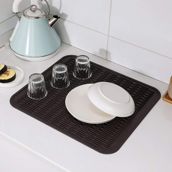 Silicone Dish Drying Mat for Multiple Usage,Easy clean,Eco-friendly,Heat-resistant Silicone Mat for Kitchen Counter or Sink,Refrigerator or Drawer Liner Coffee XL 18 inches x 16 inches