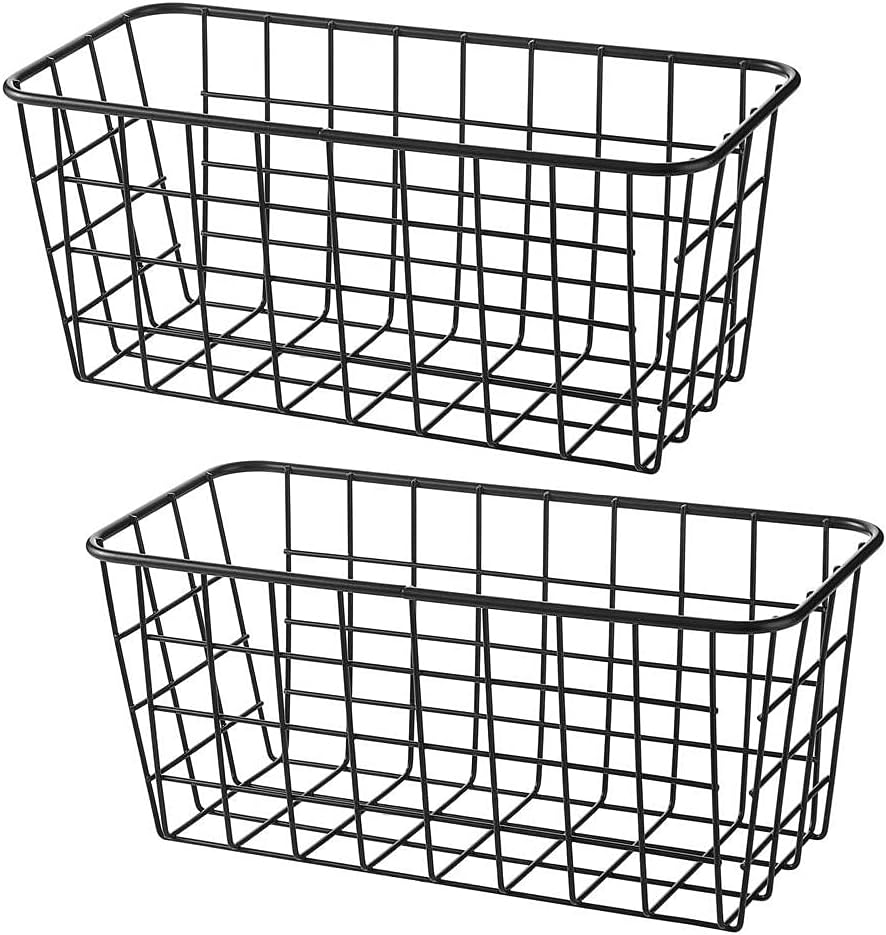 LeleCAT Small Wire Stroage Baskets, Wire Baskets for Kitchen Cabinets, Pantry, mall bags of tea and seasoning packets, Bathroom, Black, 2 Pack