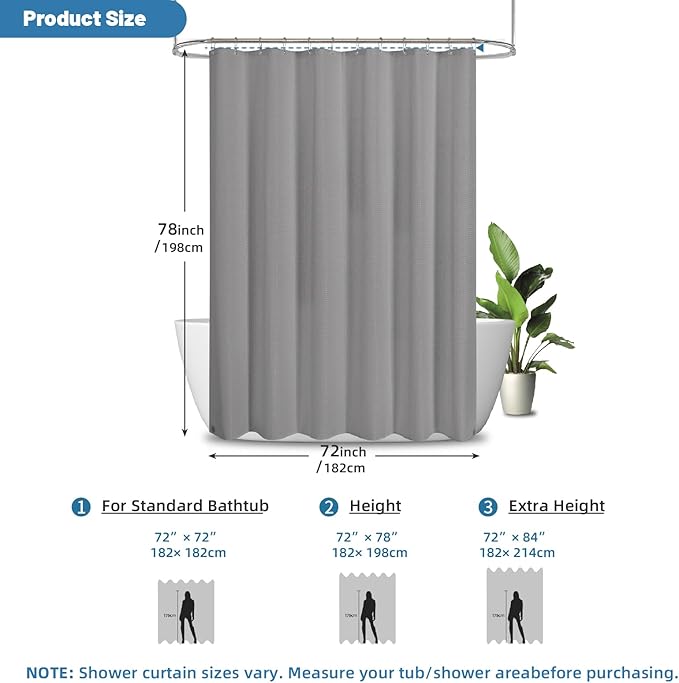 THAIGEE 2-in-1 Waterproof Fabric Shower Curtain - No Separate Liner Needed, Hotel-Style Waffle Weave, Effortless Cleaning & Washable Bathroom Shower Curtain Set,72Wx78H,Grey