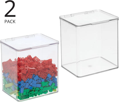 mDesign Kids Plastic Stackable Toy Storage Organizer Box Container with Hinged Lid for Storing Action Figures, Crayons, Building Blocks, Puzzles, Wood Construction Sets, Cars, 2 Pack - Clear