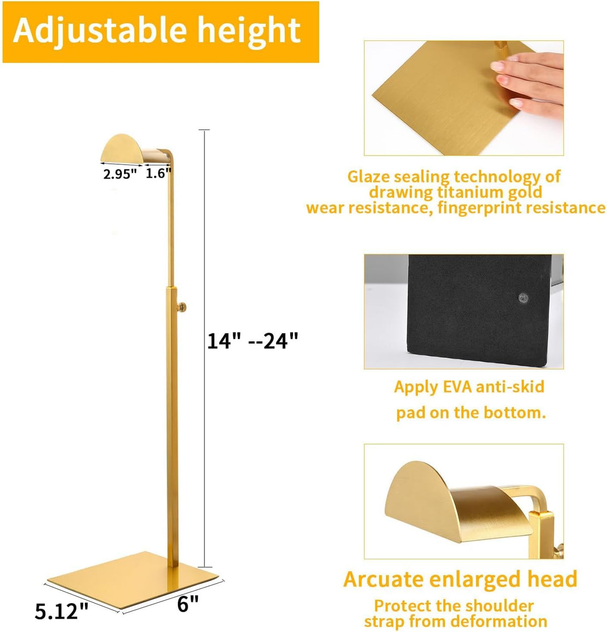 Purse Display Stands, 4 Pack Gold Purse Display Rack Stainless Steel Handbag Display Stand Adjustable Height Bag Display Stand Holder Anti-fingerprint for Retail Boutiques Commercial Store