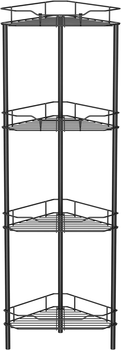 4 Tier Floor Standing Corner Shower Caddy Organizer Shelf with Hooks, Bathroom Shelves Stand Rack, Black