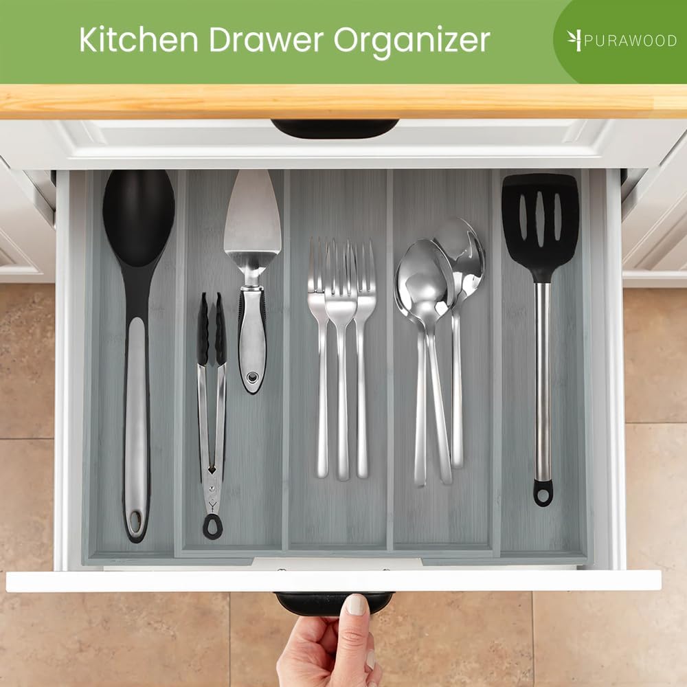 Purawood Kitchen Drawer Organizer - Expandable Utensil Drawer Organizer for Kitchen, Cutlery Tray & Silverware Organizer, 3-5 Slots - Bamboo Organizer for Utensils & Flatware (Grey)
