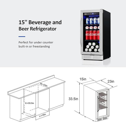 15'' Beverage Refrigerator and Beer Fridge Under Counter Built-in or