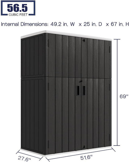 KINYING Outdoor Vertical Storage Shed,57 Cu.ft Outdoor Storage Cabinet Waterproof,Resin Sheds & Outdoor Storage Clearance for Garden,Patio,Backyard,Lockable (Black)