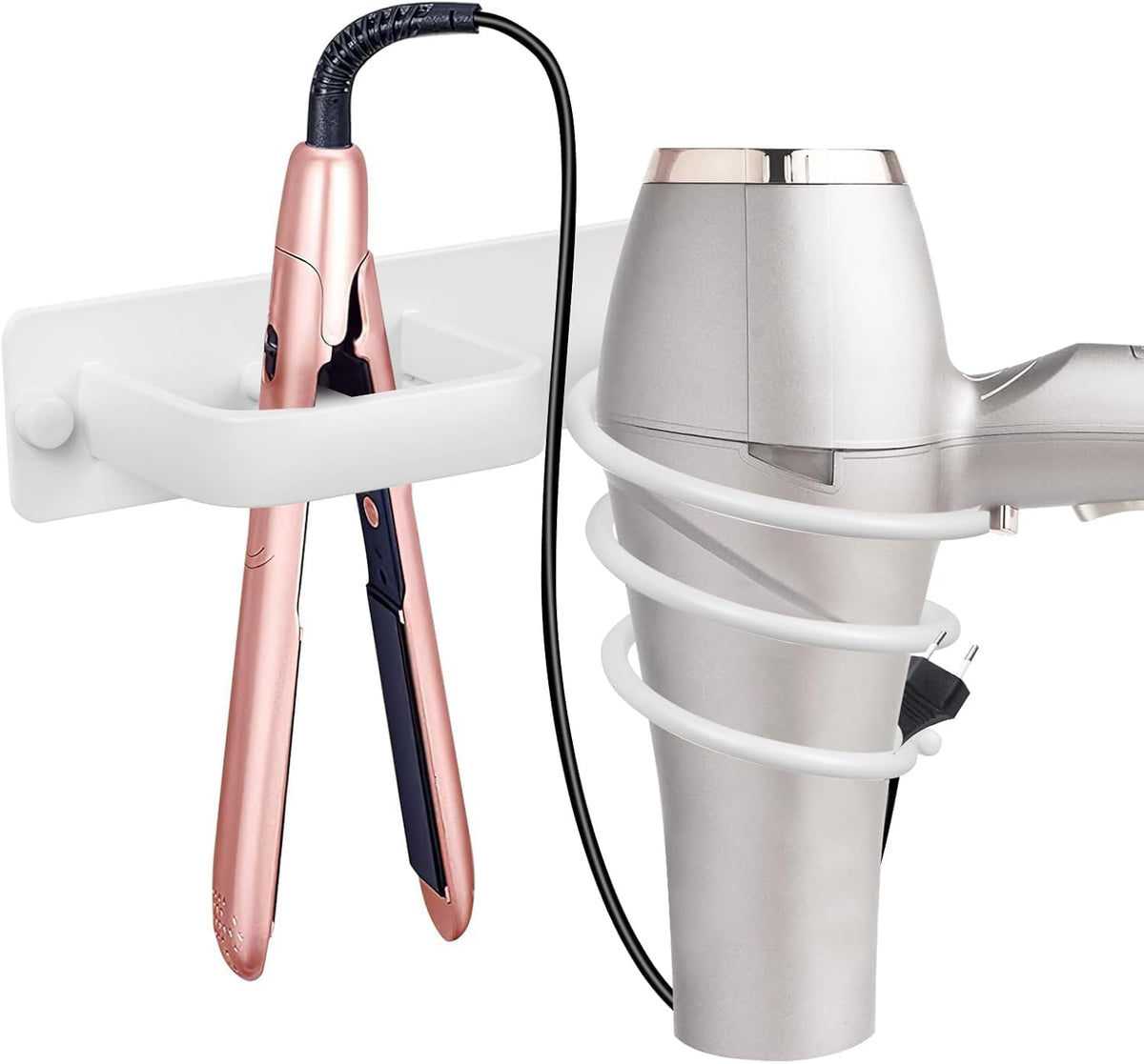 YUET Hair Dryer Holder Hairdryer Straightener Station Wall Mounted Metal Spiral Shelf Bracket Stand Hanger Organizer Blow Storage With Cable Tidy Rack For Dressing Table Bathroom Professional (White)