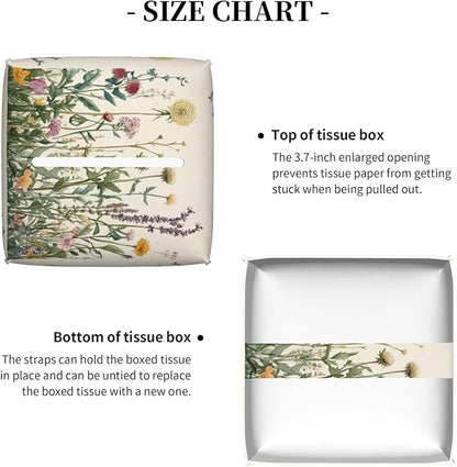 Vintage Dandelion Herbs Tissue Box Cover Spring Summer Wild Flowers Florals Square Leather Tissue Holder Decorative Facial Tissue Cube Paper Cover Case Organizer for Bathroom Night Stands Desk Home