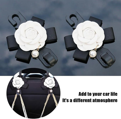 Car Seat Headrest Hook, 2PCS Cute Flower Vehicle Backseat Organizer Hanger for Purse Grocery Bag Coat, Auto Interior Hanging Decor Accessories, Universal for SUV Sedan Truck (White)