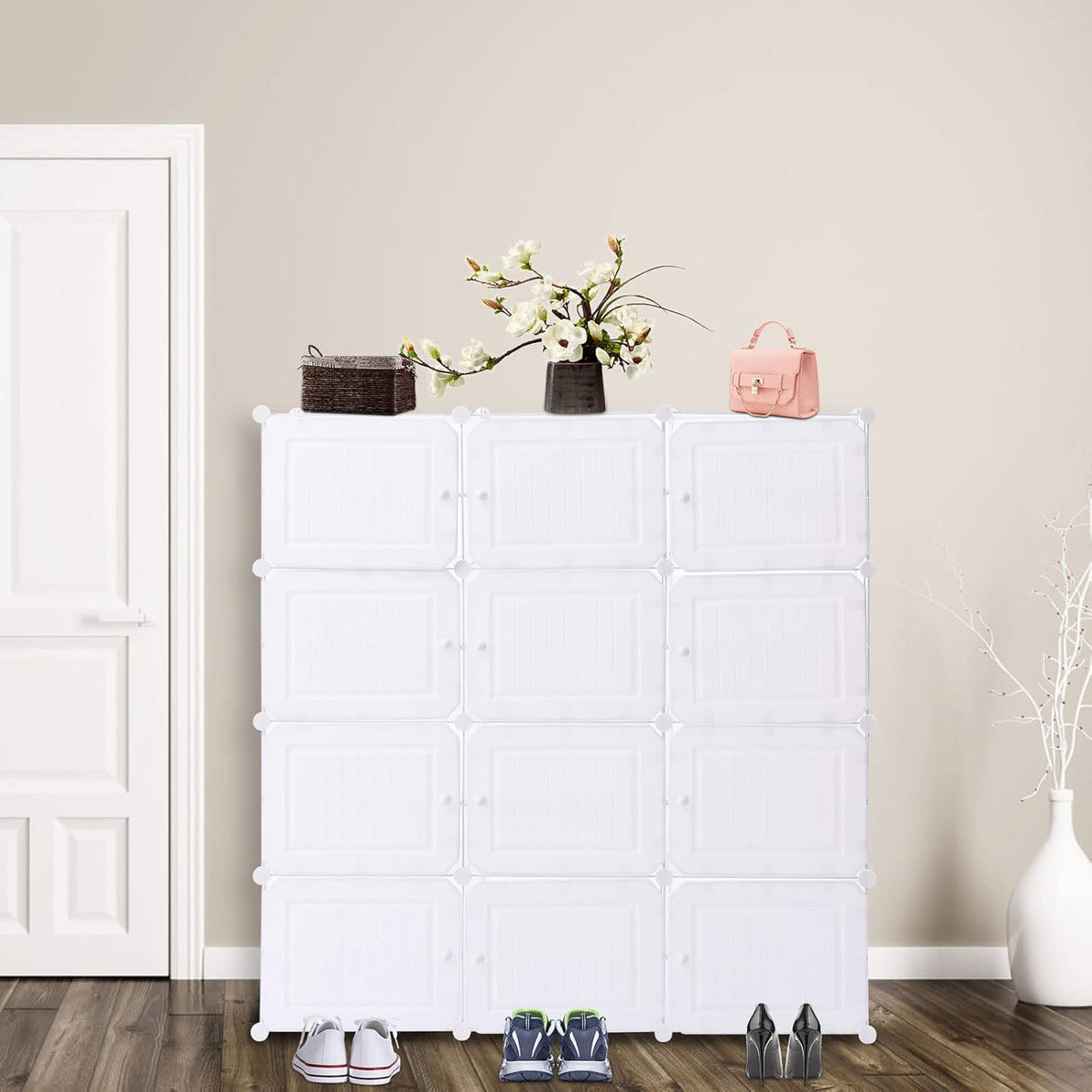 Portable Shoe Rack, 48 Pair DIY Shoe Storage Shelf Organizer, Plastic Shoe Organizers for Entryway, Adjustable Panels, Shoe Cabinet with Doors, White