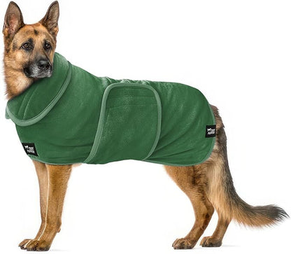 Tuff Pupper Fast Drying Dog Bath Robe | 800 GSM Plush Dog Towel Bathrobe/Dressing Gown | Super Absorbent Pet/Puppy Bathrobe | Adjustable Hood & Belly Strap | Super Soft | Fast Drying (XXXL, Green)