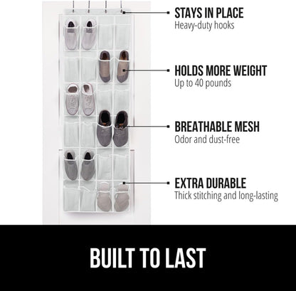 GORILLA GRIP Over the Door Shoe Organizer, 24 Extra Large Breathable Mesh Pockets, Space Saving Hanging Storage Holder, 4 Hook Closet Rack Hanger, Hangs on Closets for Shoes and Accessories, White