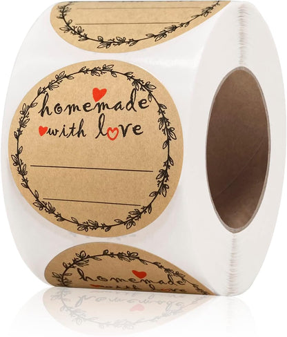 2" Homemade With Love Stickers, Kraft Jam and Jelly Jar Canning Labels With 2 Lines for Writing, Mason Jar Labels for Bottles, 500 per Roll