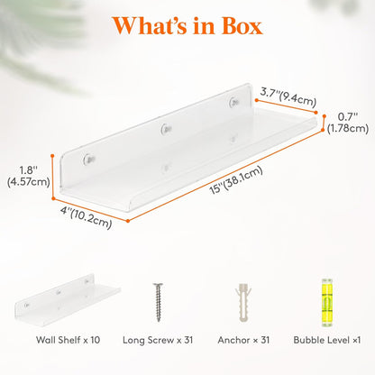Lifewit Floating Shelves for Wall, 10 Pack Clear Acrylic Shelf 15" Room Decor for Bookcase/Vinyl Record Display/Photo/Picture in Bedroom, Living Room, Bathroom, Kitchen Storage and Organization