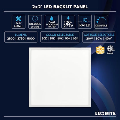 LUXRITE 2x2 FT LED Flat Panel Light, 5CCT Color Selectable 3000K 3500K 4000K