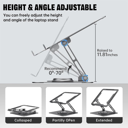 Laptop Stand for Desk, Adjustable Computer Stand with 360° Rotating Base, Ergonomic Laptop Riser for Collaborative Work, Foldable & Portable Laptop Stand, fits for All 10-16" Laptops