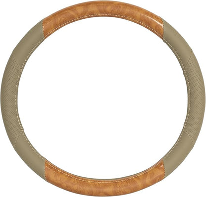 BDK BurlwoodLux Wood Grain and PU Leather Beige Steering Wheel Cover - Sport Grip for Car Auto SUV Trucks