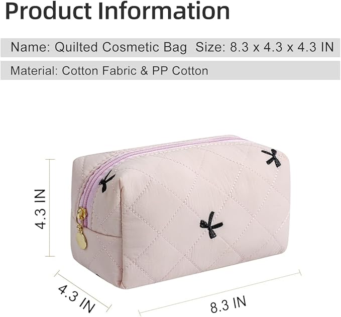 Gleyemor Small Quilted Makeup Bag for Women, Cute Floral Bow Cosmetic Bag, Emergency Bag Travel Toiletry Cotton Pouch Gifts for Girls Her Mom Friend Sister Bridesmaid (Pink&Black Bow)